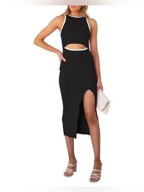 Black Cutout Midi Dress with White Trim